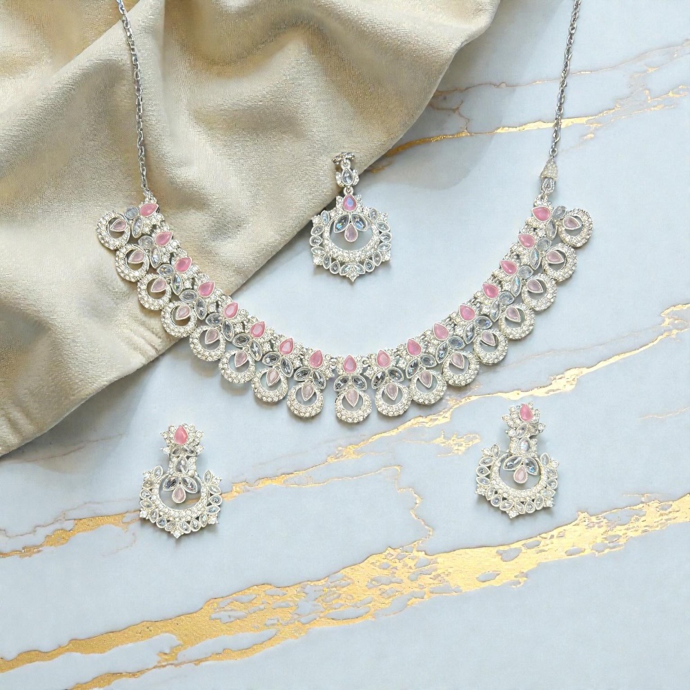 Elegant Necklace Set with Pendant, Earrings & Tikka – Champagne Stone & Silver Option for Women - Image 2