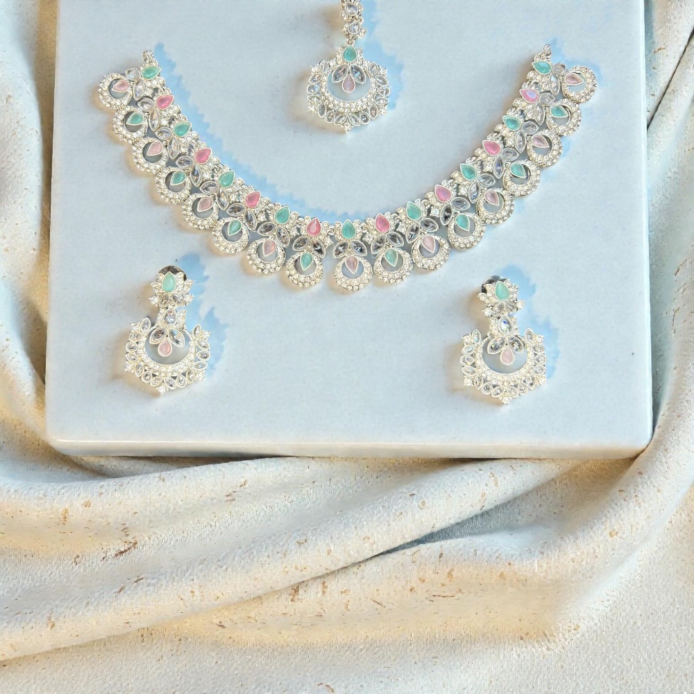 Elegant Necklace Set with Pendant, Earrings & Tikka – Champagne Stone & Silver Option for Women - Image 12