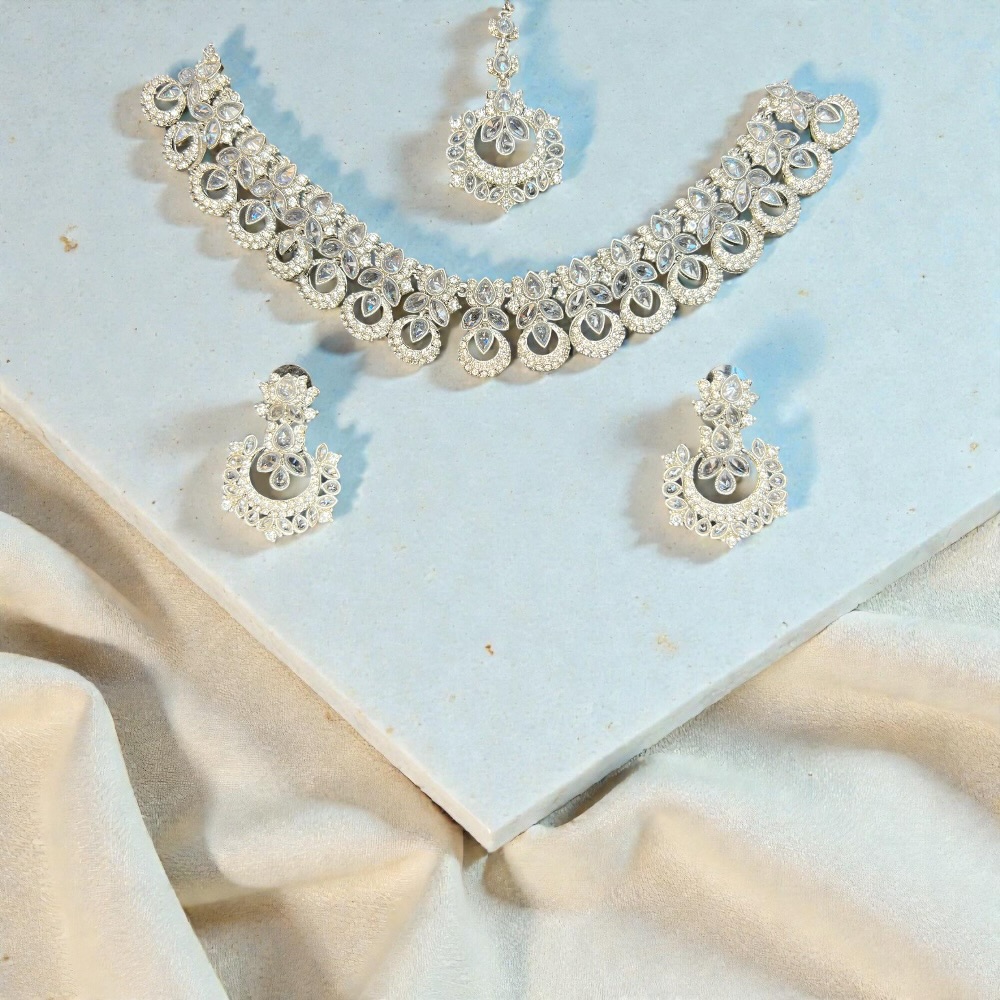 Elegant Necklace Set with Pendant, Earrings & Tikka – Champagne Stone & Silver Option for Women - Image 8