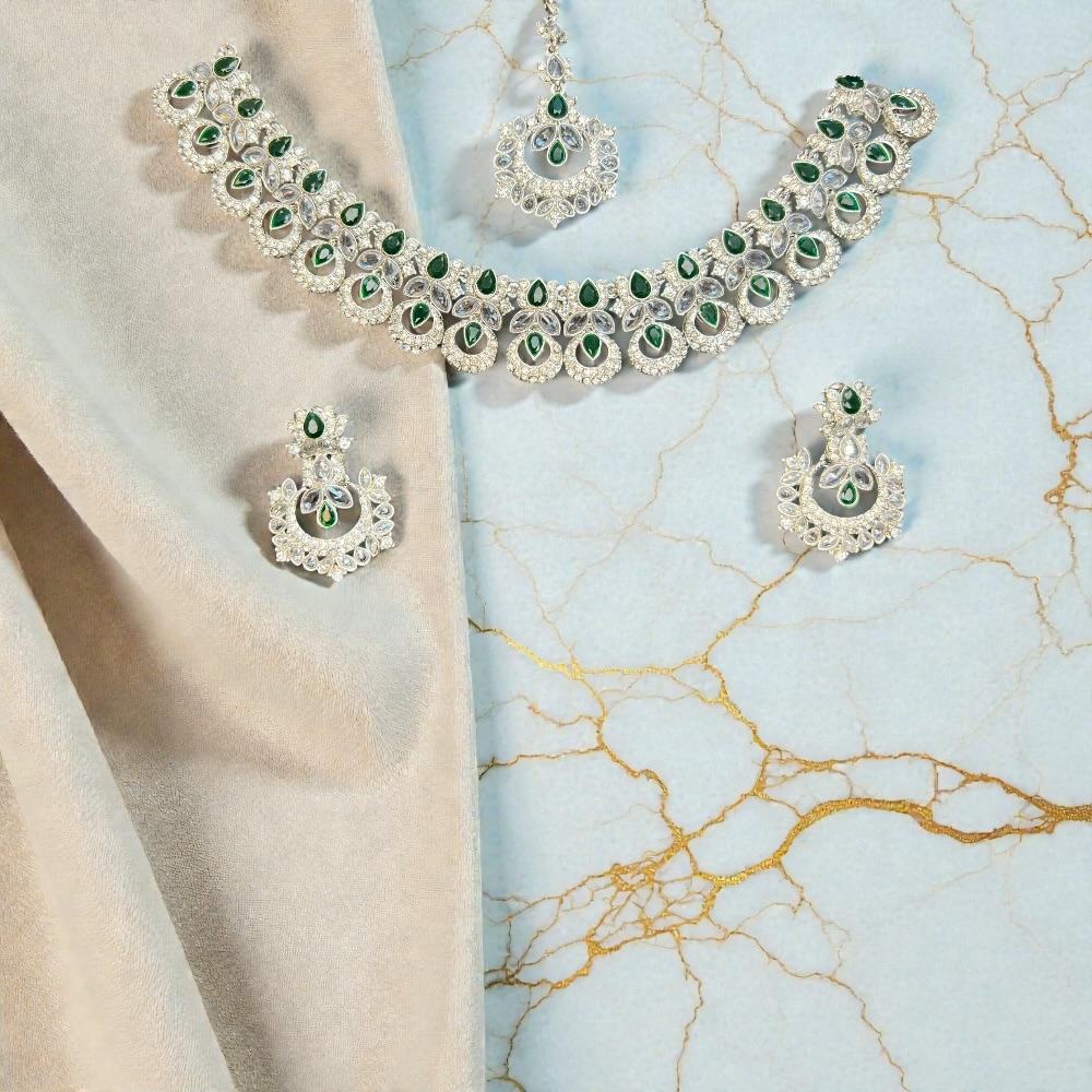 Elegant Necklace Set with Pendant, Earrings & Tikka – Champagne Stone & Silver Option for Women - Image 5
