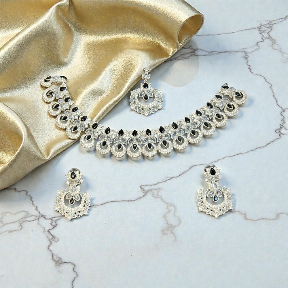 Elegant Necklace Set with Pendant, Earrings & Tikka – Champagne Stone & Silver Option for Women - Image 4