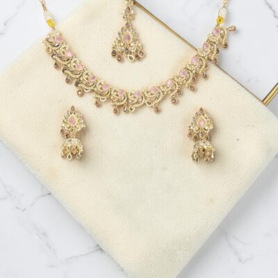 Elegant American Diamond Bridal Necklace Set with Earrings & Tikka – Indian Pakistani Wedding Jewellery Set for Women