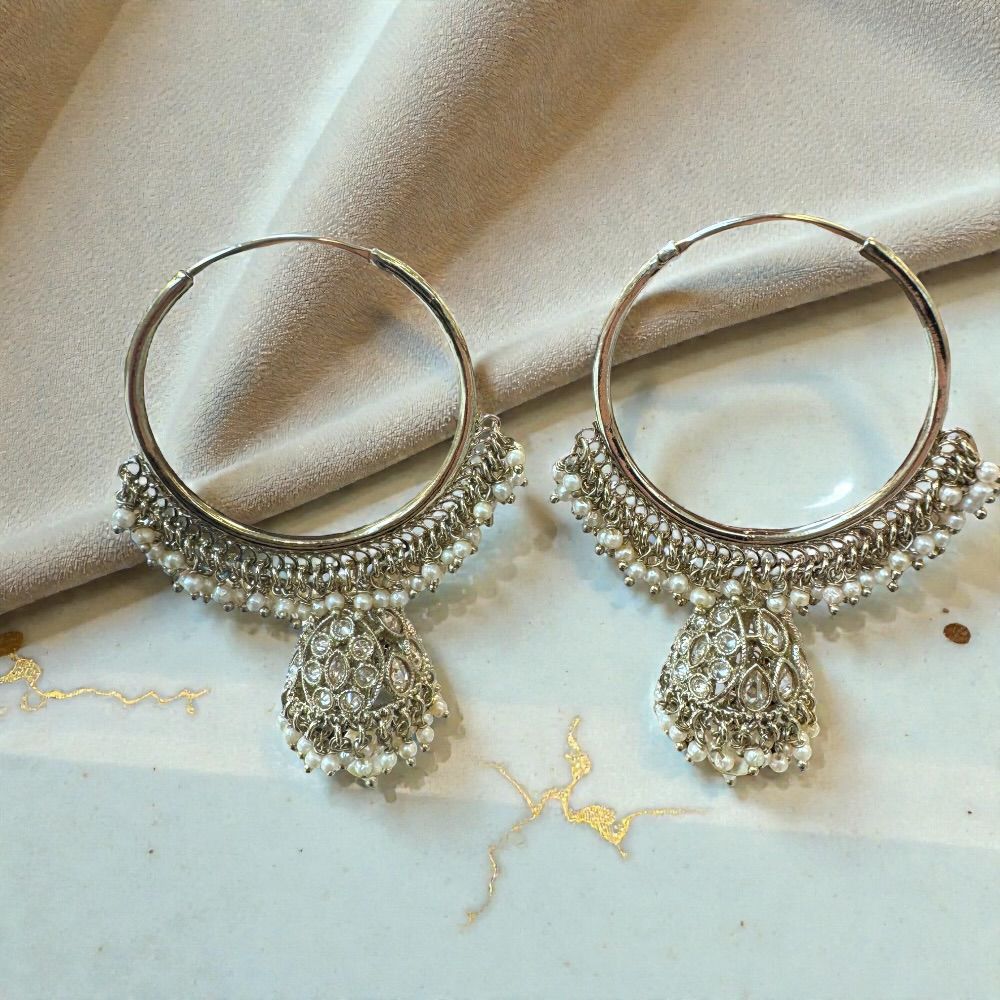 Elegant 1.5 inch pearl beaded jhumki ring earrings with traditional ethnic design and subtle color essence, lightweight festive jewelry for women