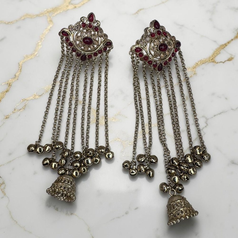 Kashmiri Antique Kungru Earrings with Jhumki Drop – Traditional Ethnic Pakistani Indian Bridal Earrings - Image 12