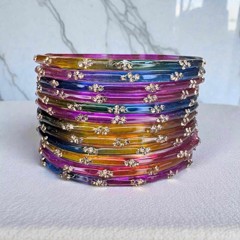 Glass Bangles Kashmiri Churi Indian Gold Stone Work Bangles Set of 12 – Traditional Pakistani & Indian Ethnic Bridal Jewellery - Image 7