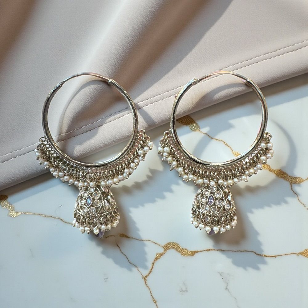 Elegant 1.5 inch pearl beaded jhumki ring earrings with traditional ethnic design and subtle color essence, lightweight festive jewelry for women