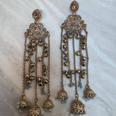 Kashmiri Antique Earrings with Kungru Chains & Kungru Drop – Traditional Pakistani Indian Ethnic Earrings for Wedding, Mehndi, Eid & Party Wear