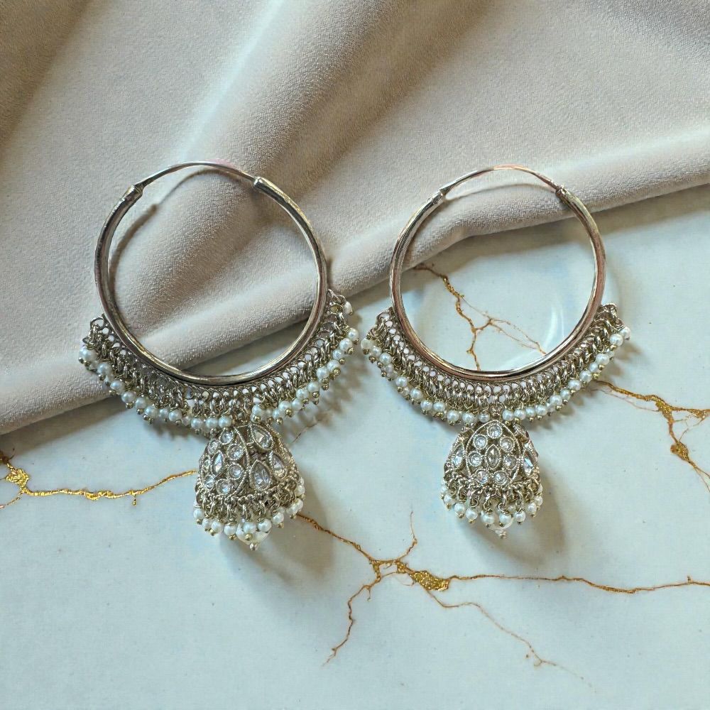 Elegant 1.5 inch pearl beaded jhumki ring earrings with traditional ethnic design and subtle color essence, lightweight festive jewelry for women