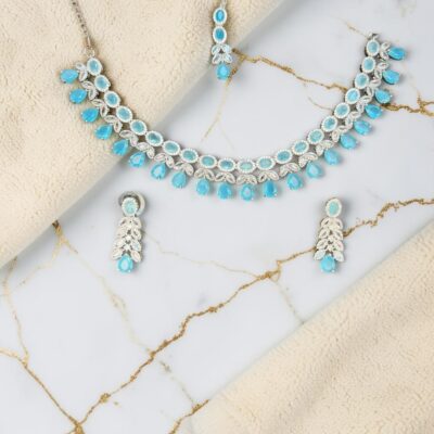 Light American Diamond Jewelry Set with Necklace, Earrings & Tikka – Bridal Wedding Party Wear AD Set | Multiple Colors