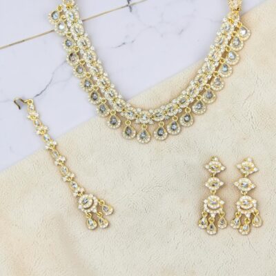 Luxury Crystal Bridal Necklace Set with Earrings & Maang Tikka – Gold Plated Wedding Jewelry for Women