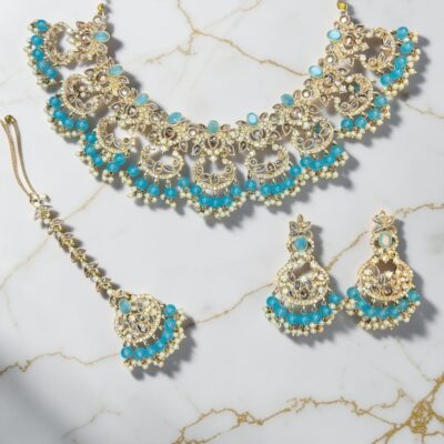 Luxury Crystal Bridal Necklace Set with Earrings & Maang Tikka | Gold Plated Wedding Jewelry for Women | Champagne & Silver Base | Multiple Color Variations