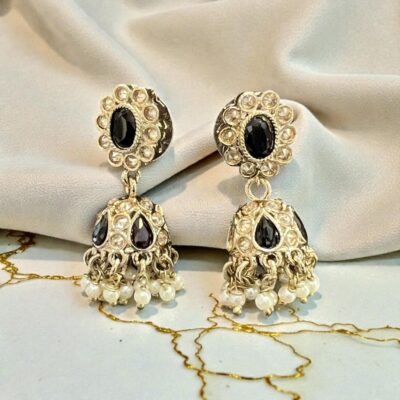 Small antique jhumki earrings with traditional ethnic design and antique stone detailing