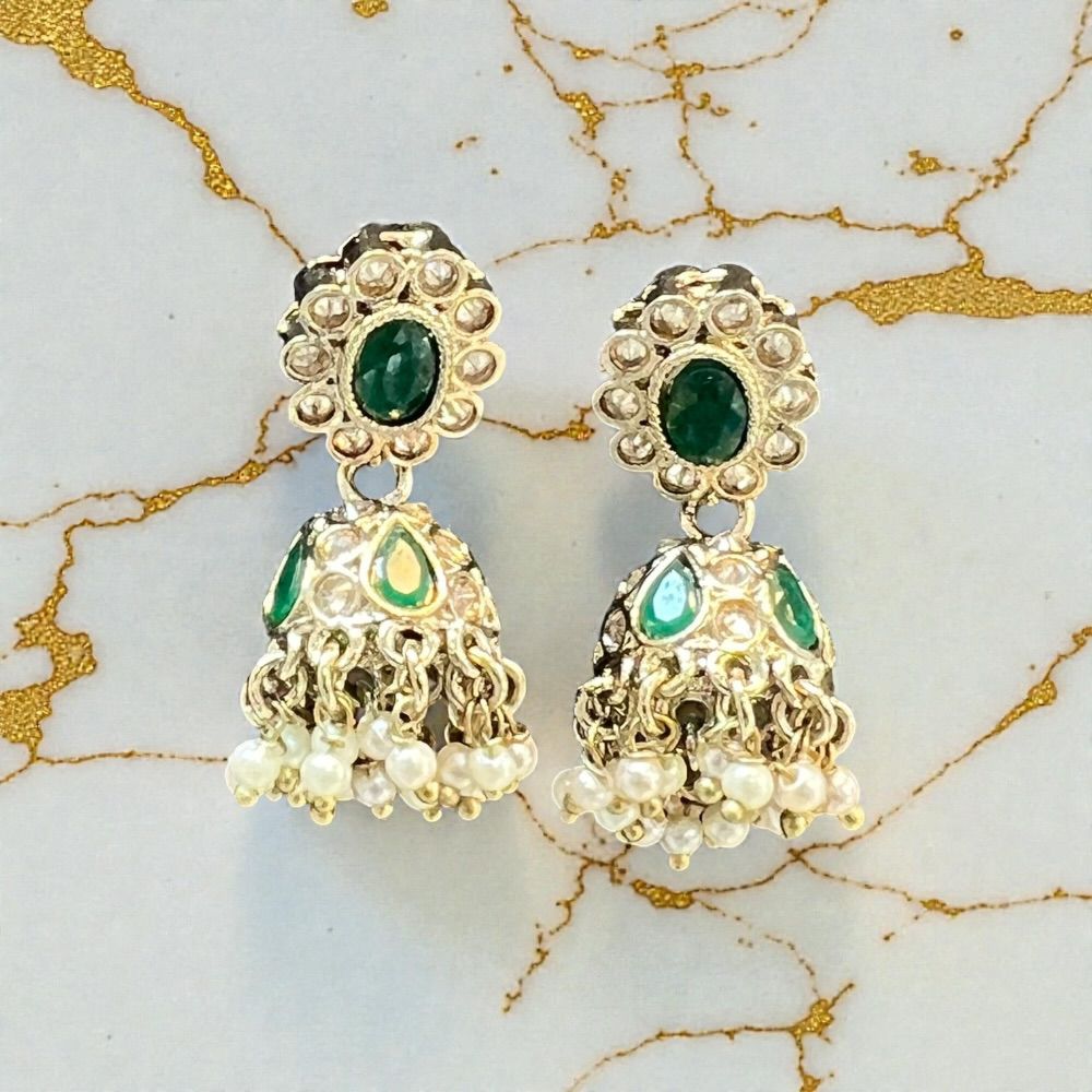 Small antique jhumki earrings with traditional ethnic design and antique stone detailing