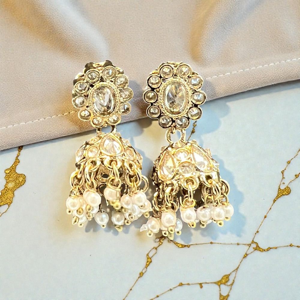 Small antique jhumki earrings with traditional ethnic design and antique stone detailing