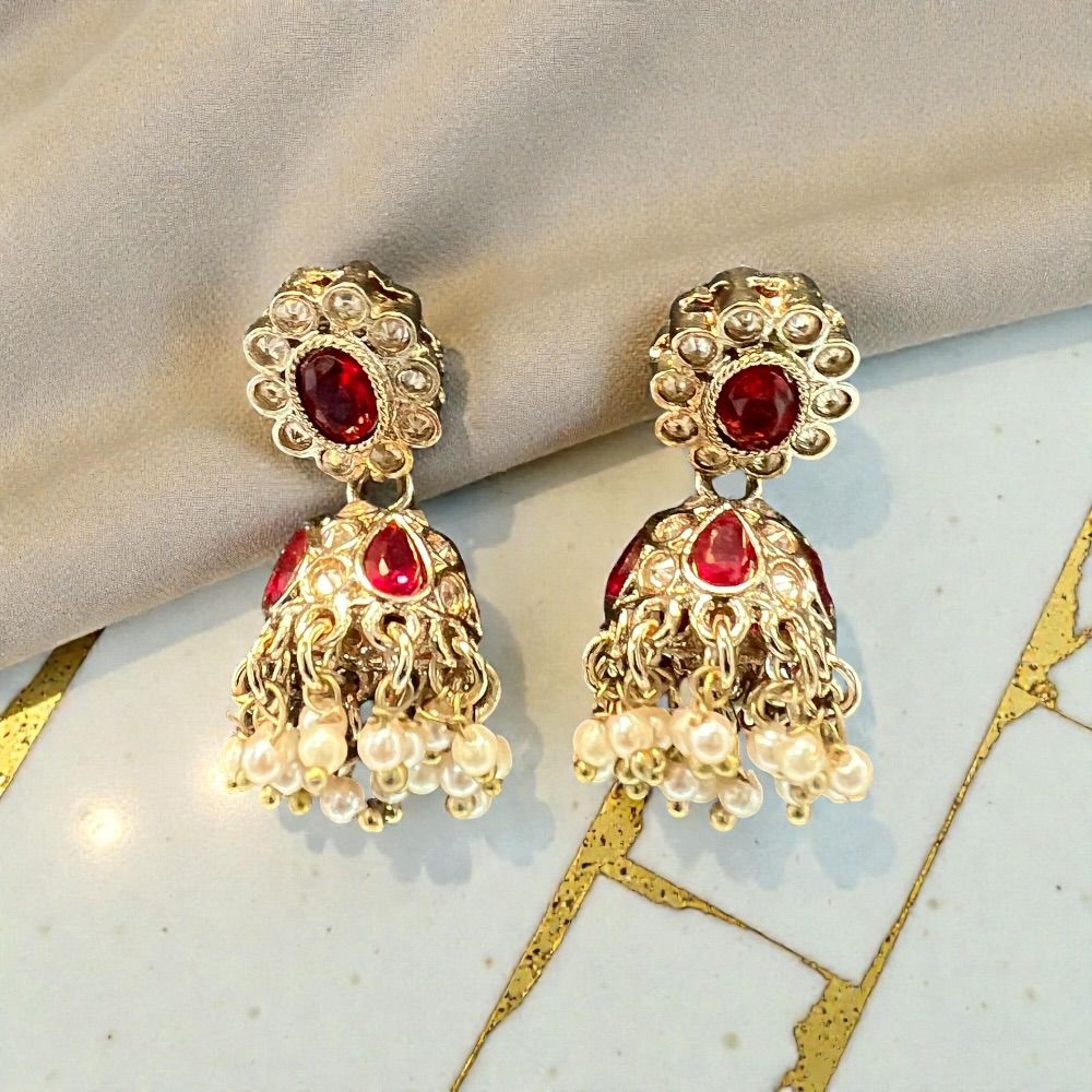Small antique jhumki earrings with traditional ethnic design and antique stone detailing