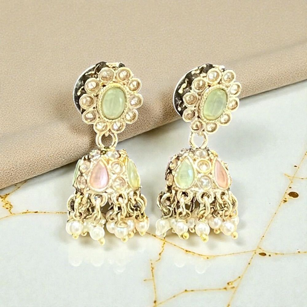 Small antique jhumki earrings with traditional ethnic design and antique stone detailing
