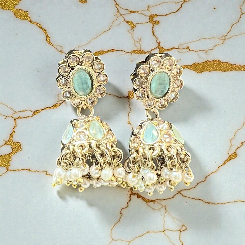 Small antique jhumki earrings with traditional ethnic design and antique stone detailing