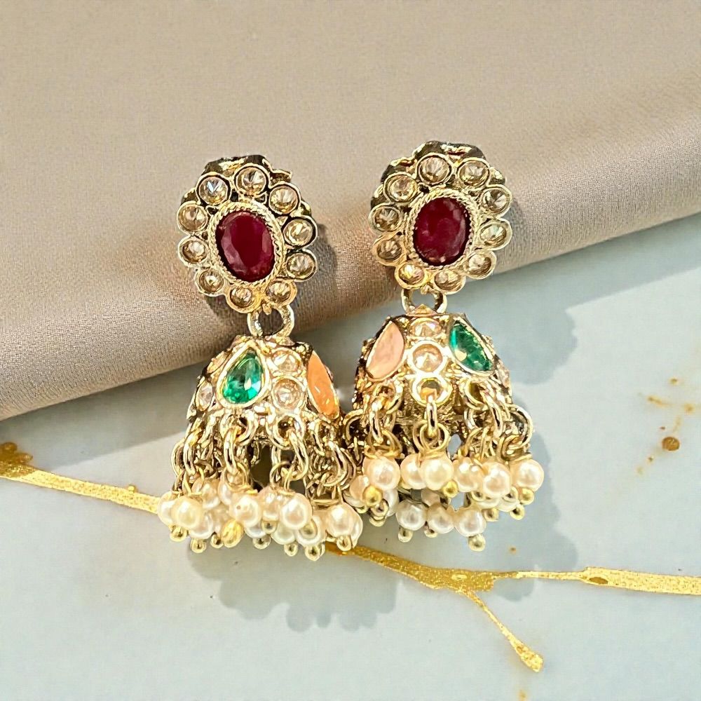 Small antique jhumki earrings with traditional ethnic design and antique stone detailing