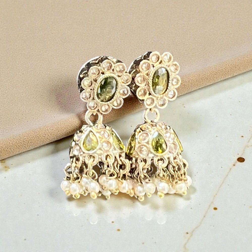 Small antique jhumki earrings with traditional ethnic design and antique stone detailing