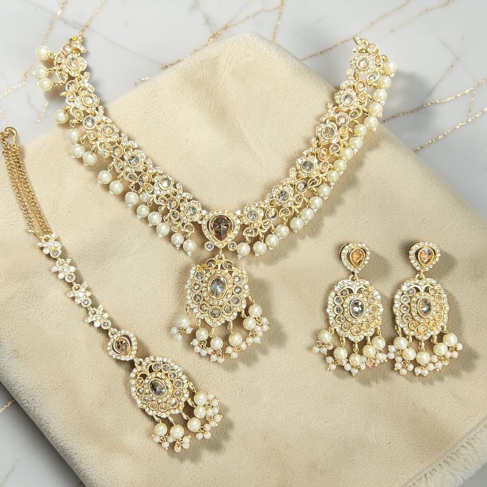 Luxury Crystal Bridal Necklace Set with Pendant Drop, Earrings & Tikka | Wedding Jewellery Set for Women | Pakistani & Indian Bridal Accessories - Image 8