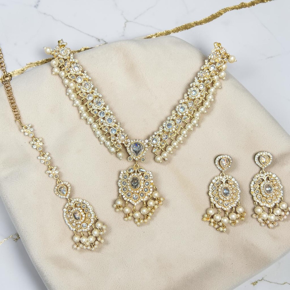 Luxury Crystal Bridal Necklace Set with Pendant Drop, Earrings & Tikka | Wedding Jewellery Set for Women | Pakistani & Indian Bridal Accessories - Image 2