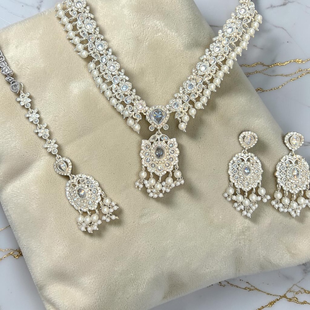Luxury Crystal Bridal Necklace Set with Pendant Drop, Earrings & Tikka | Wedding Jewellery Set for Women | Pakistani & Indian Bridal Accessories - Image 7