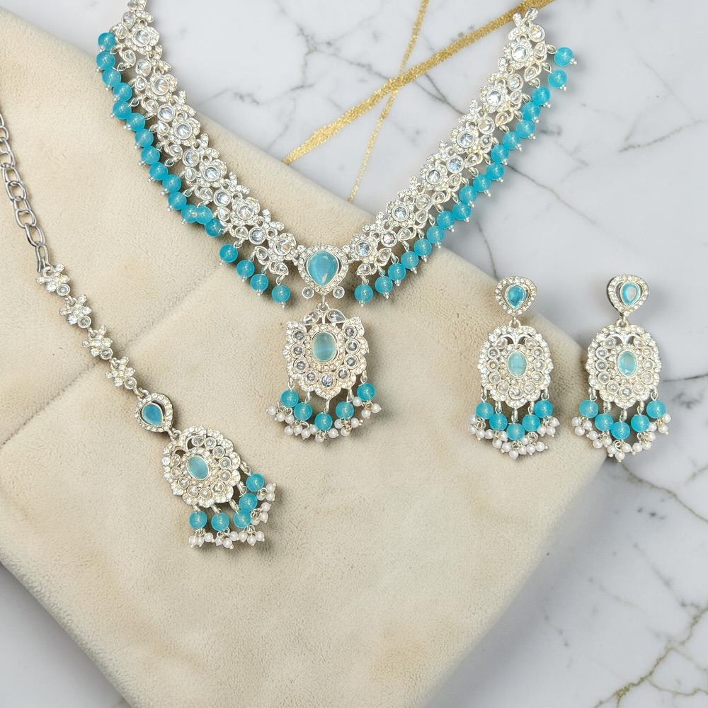 Luxury Crystal Bridal Necklace Set with Pendant Drop, Earrings & Tikka | Wedding Jewellery Set for Women | Pakistani & Indian Bridal Accessories - Image 4