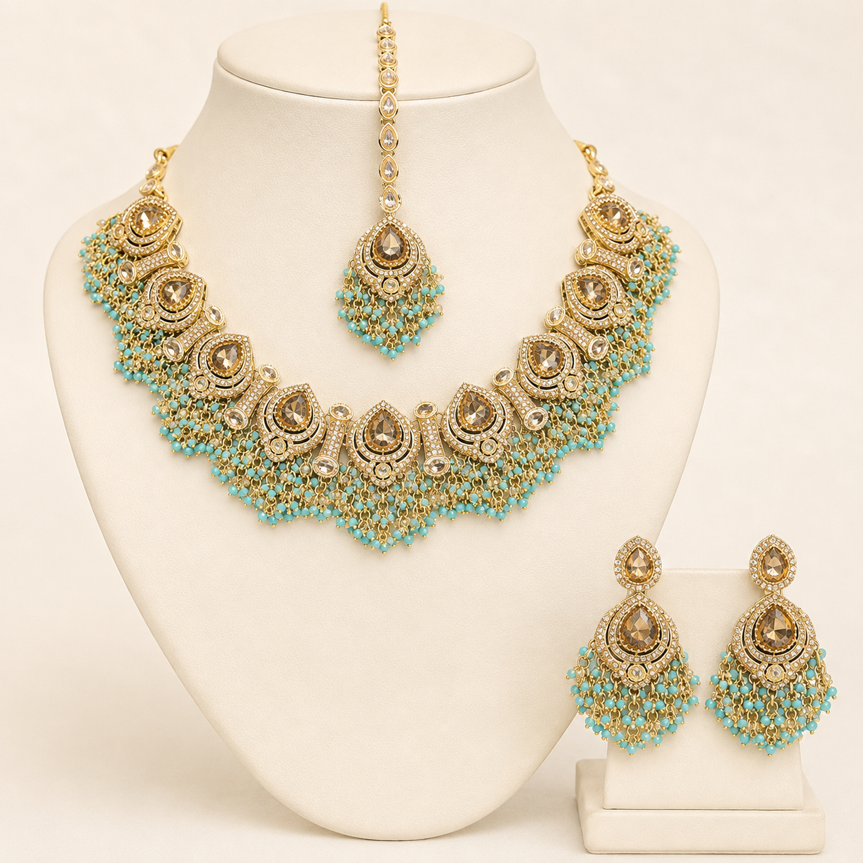 Beaded Necklace Set for Women | Antique Stone Traditional Indian Pakistani Bridal Wedding Jewellery