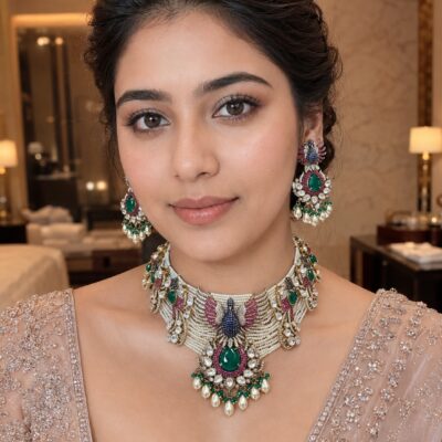 Kundan Set Peacock Choker Necklace and Earrings for Bridal Wedding Party Jewellery