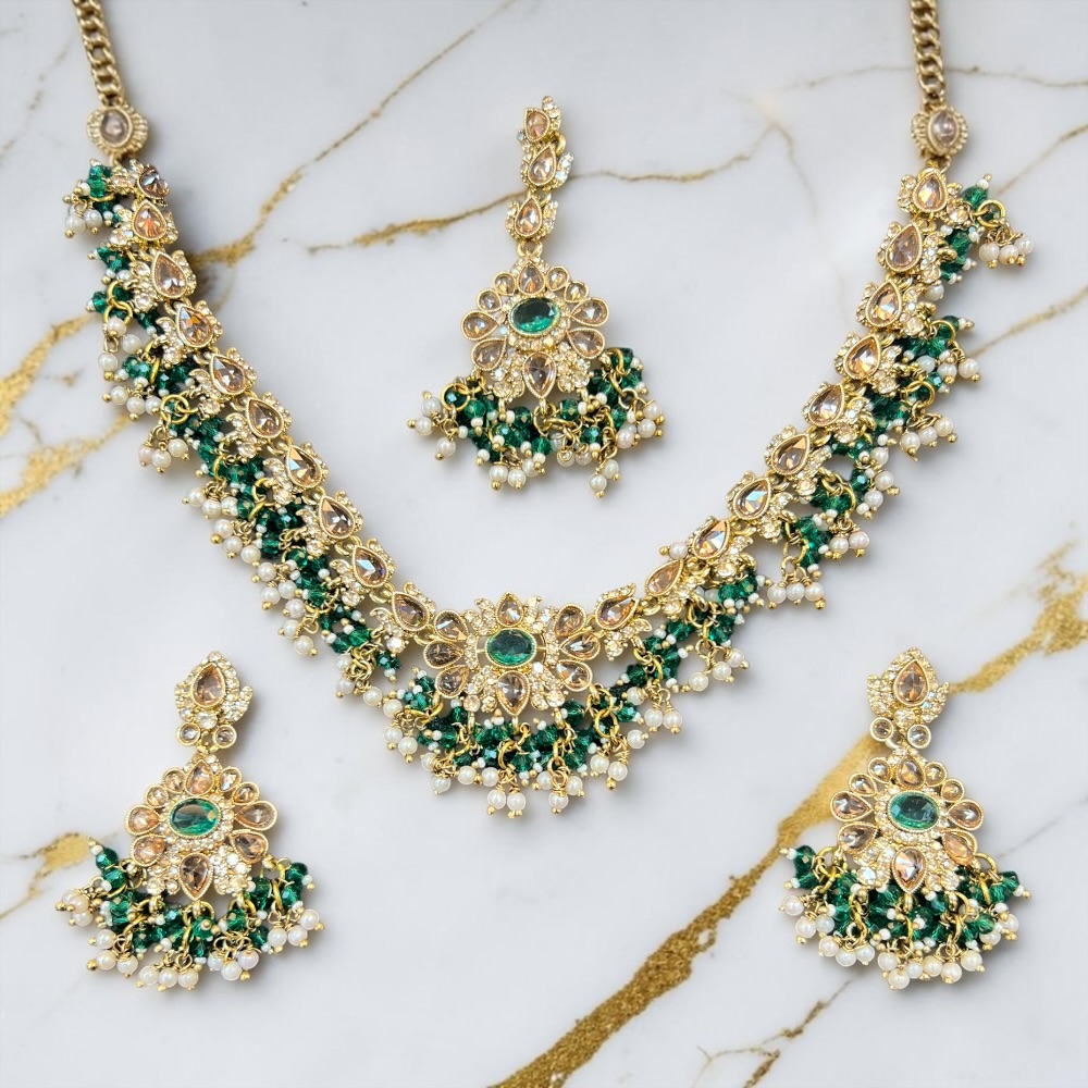Necklace Set Beaded Jewellery Set With Earrings Tikka Double Layer Wedding Bridal Jewellery - Image 3