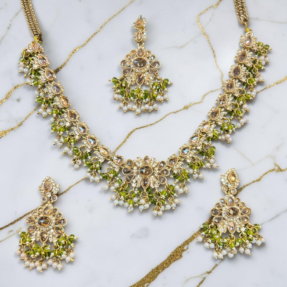 Necklace Set Beaded Jewellery Set With Earrings Tikka Double Layer Wedding Bridal Jewellery - Image 11