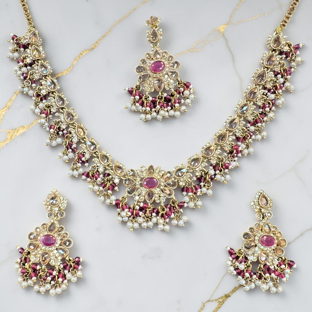 Necklace Set Beaded Jewellery Set With Earrings Tikka Double Layer Wedding Bridal Jewellery - Image 6
