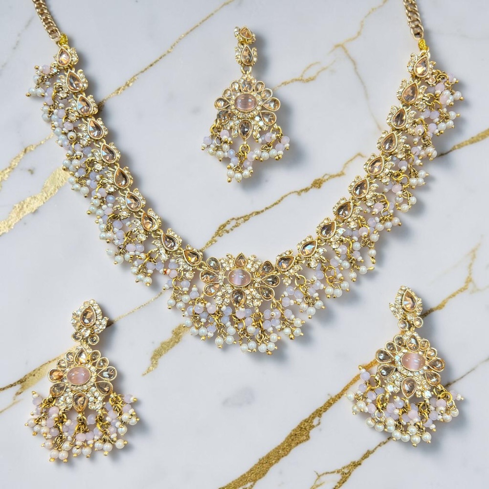 Necklace Set Beaded Jewellery Set With Earrings Tikka Double Layer Wedding Bridal Jewellery - Image 18