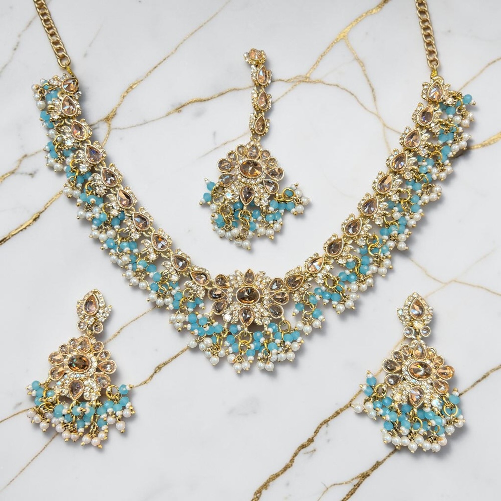 Necklace Set Beaded Jewellery Set With Earrings Tikka Double Layer Wedding Bridal Jewellery - Image 4