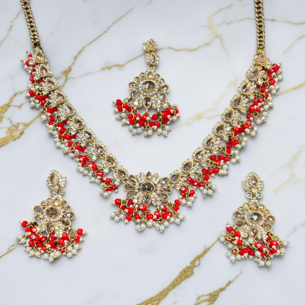 Necklace Set Beaded Jewellery Set With Earrings Tikka Double Layer Wedding Bridal Jewellery - Image 7