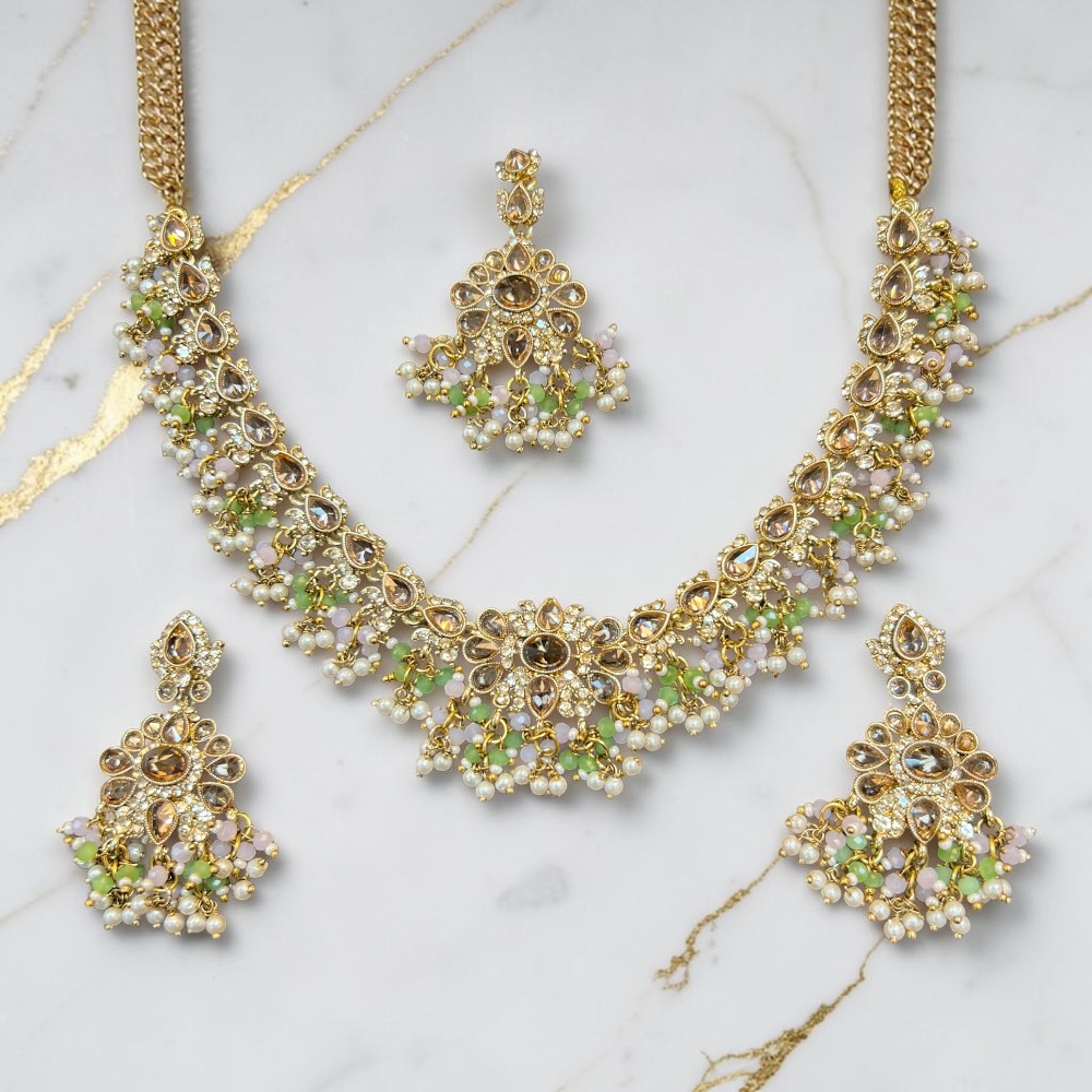 Necklace Set Beaded Jewellery Set With Earrings Tikka Double Layer Wedding Bridal Jewellery - Image 14