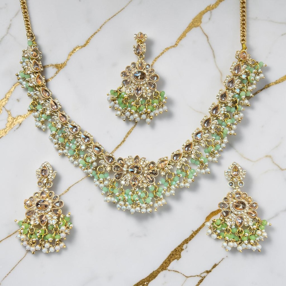 Necklace Set Beaded Jewellery Set With Earrings Tikka Double Layer Wedding Bridal Jewellery - Image 12