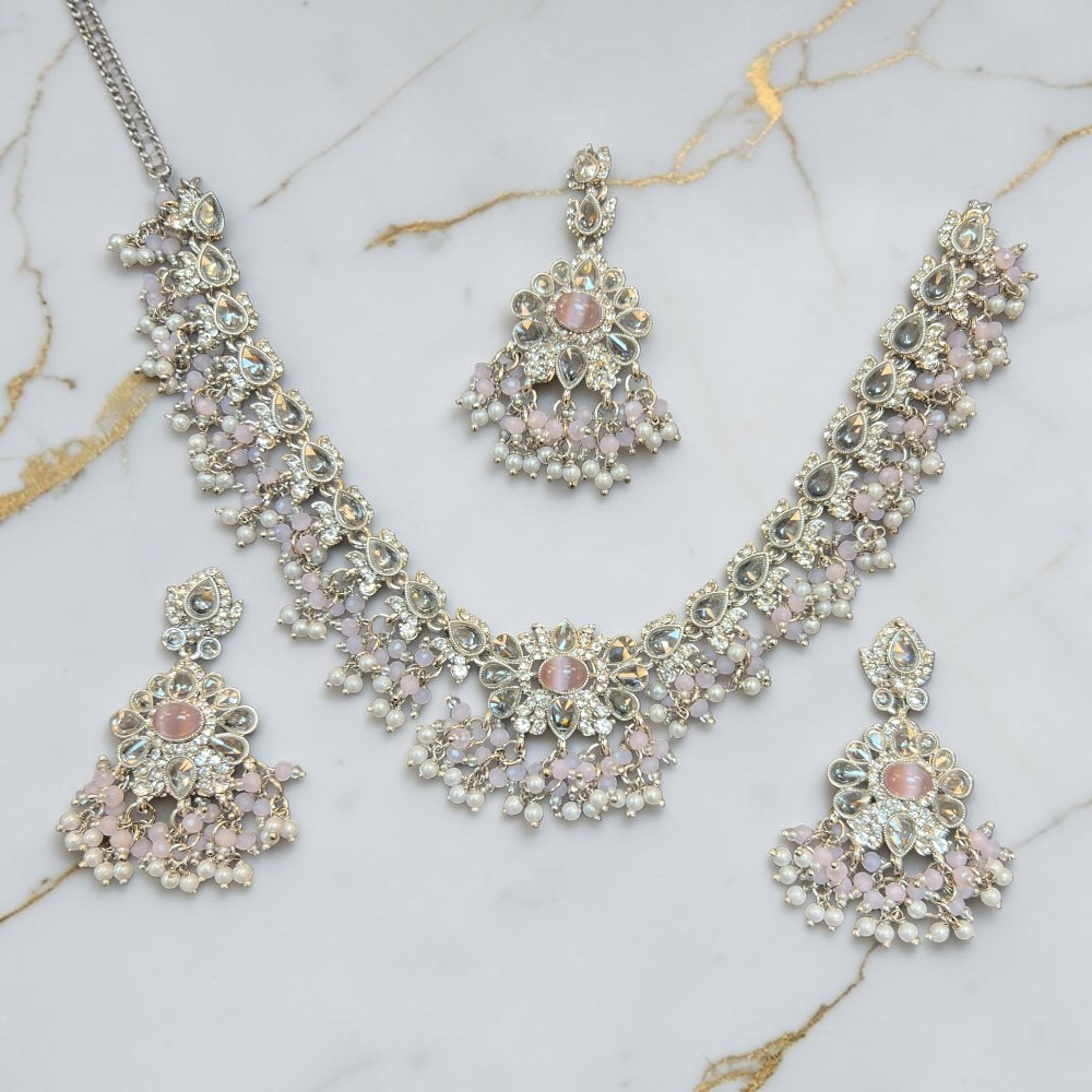 Necklace Set Beaded Jewellery Set With Earrings Tikka Double Layer Wedding Bridal Jewellery - Image 17