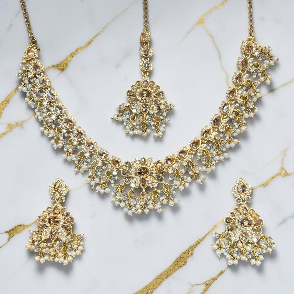 Necklace Set Beaded Jewellery Set With Earrings Tikka Double Layer Wedding Bridal Jewellery - Image 9