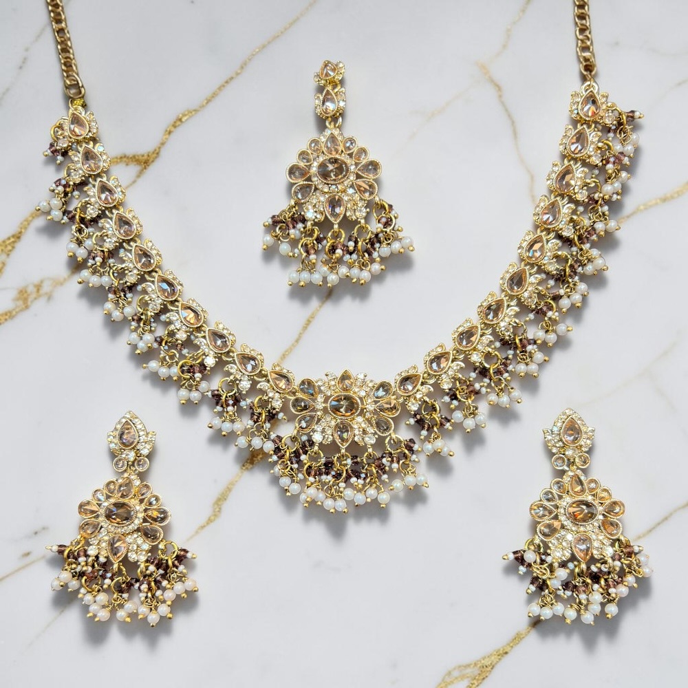 Necklace Set Beaded Jewellery Set With Earrings Tikka Double Layer Wedding Bridal Jewellery - Image 15