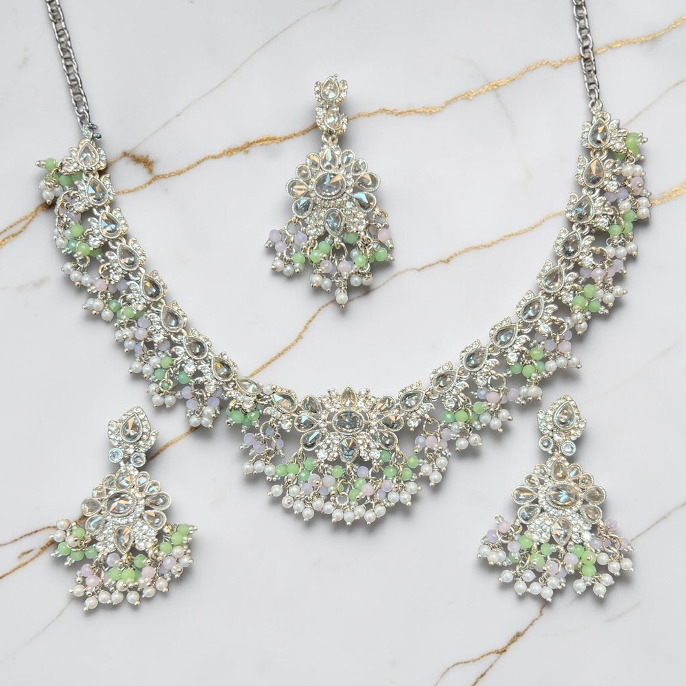 Necklace Set Beaded Jewellery Set With Earrings Tikka Double Layer Wedding Bridal Jewellery - Image 13