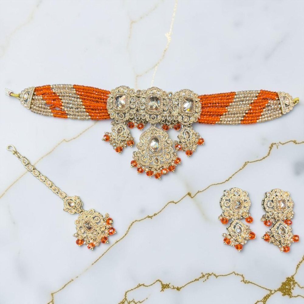 Antique Choker Set Necklace Earrings Tikka Bridal Wedding Jewellery - Image 7
