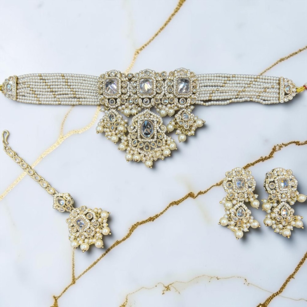 Antique Choker Set Necklace Earrings Tikka Bridal Wedding Jewellery - Image 6