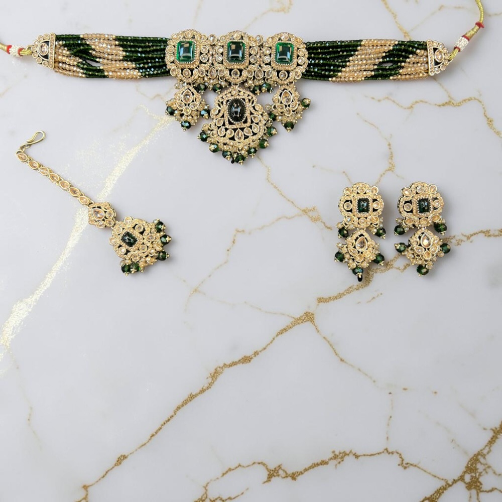 Antique Choker Set Necklace Earrings Tikka Bridal Wedding Jewellery - Image 11