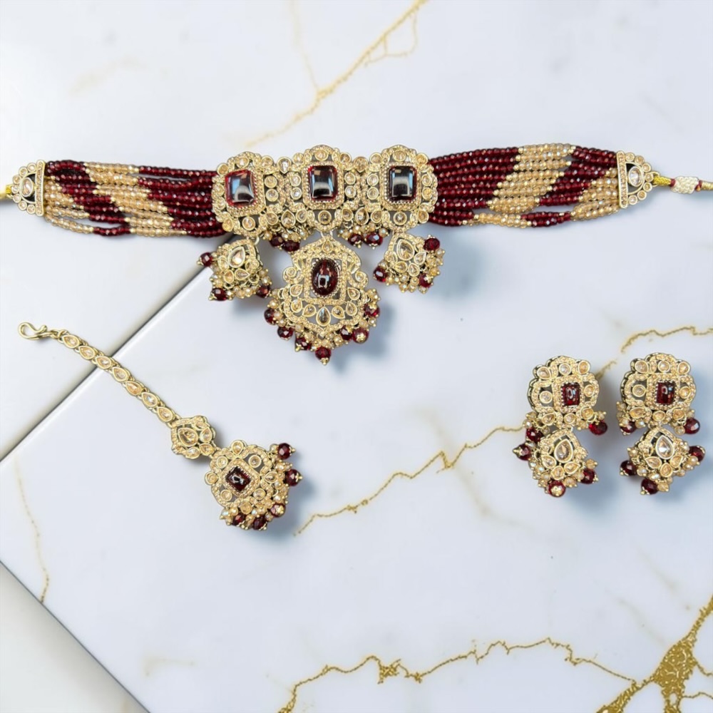 Antique Choker Set Necklace Earrings Tikka Bridal Wedding Jewellery - Image 9