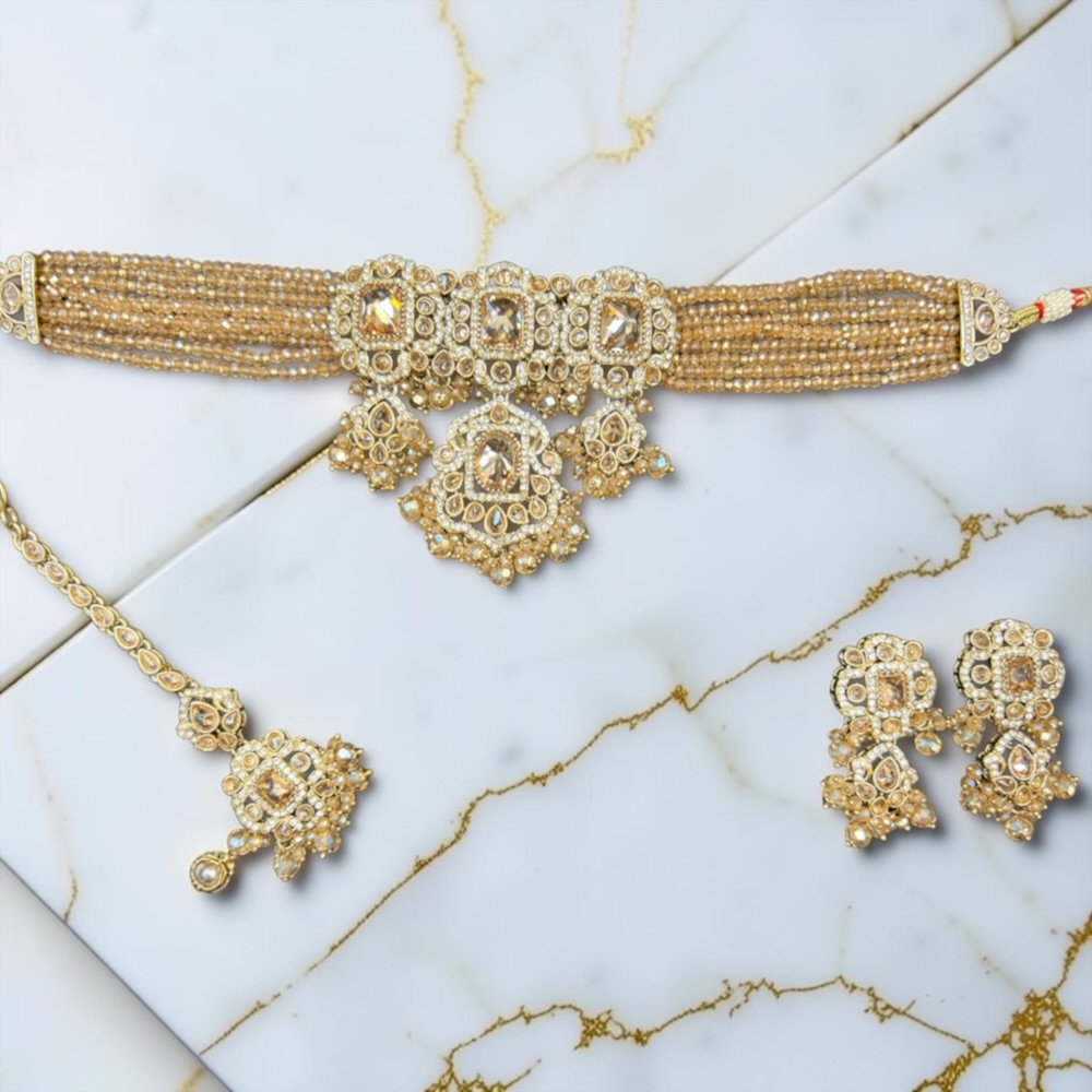 Antique Choker Set Necklace Earrings Tikka Bridal Wedding Jewellery - Image 14