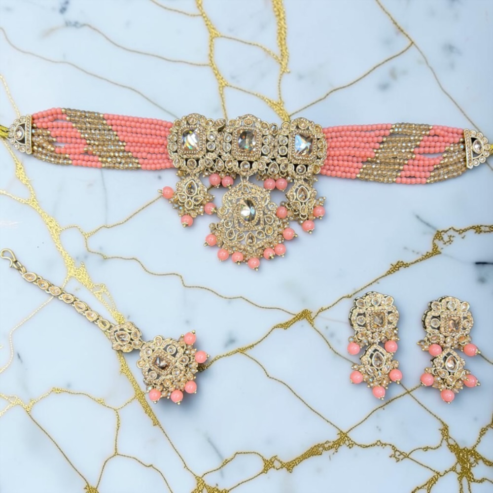 Antique Choker Set Necklace Earrings Tikka Bridal Wedding Jewellery - Image 13