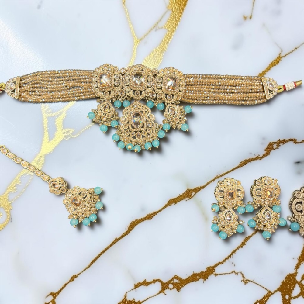 Antique Choker Set Necklace Earrings Tikka Bridal Wedding Jewellery - Image 2