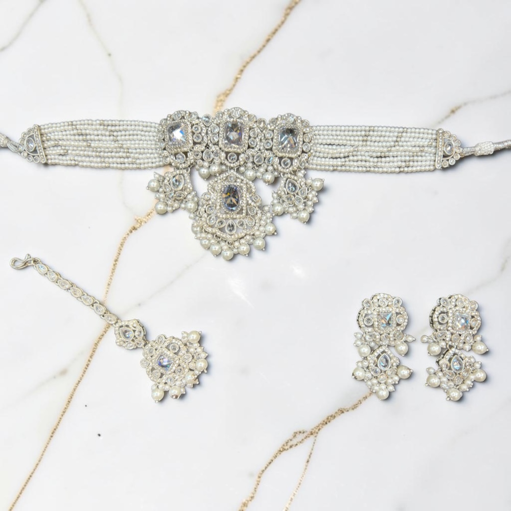 Antique Choker Set Necklace Earrings Tikka Bridal Wedding Jewellery - Image 5