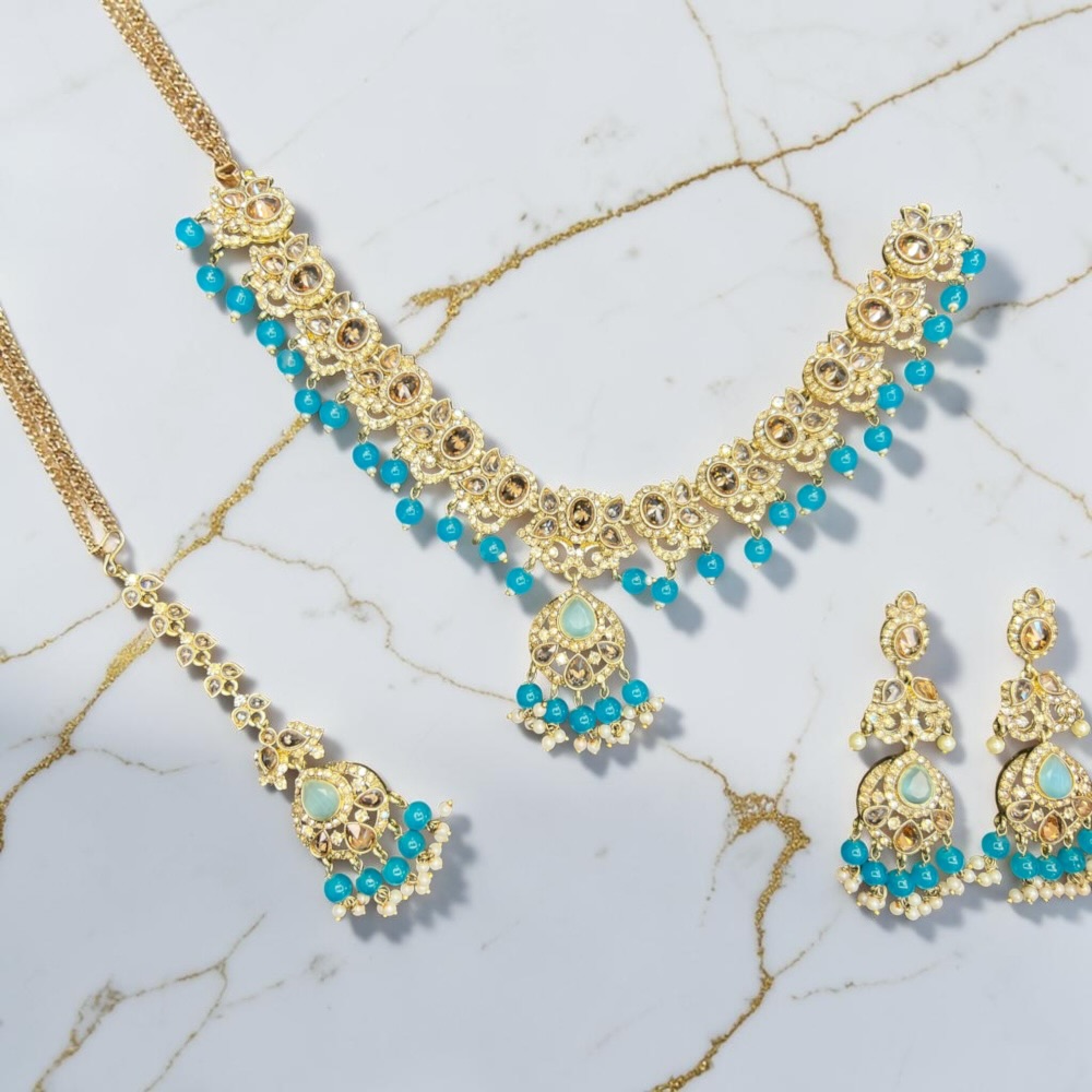 Necklace Set Crystal Beaded Necklace Earrings Tikka Traditional Wedding Bridal Jewellery - Image 2